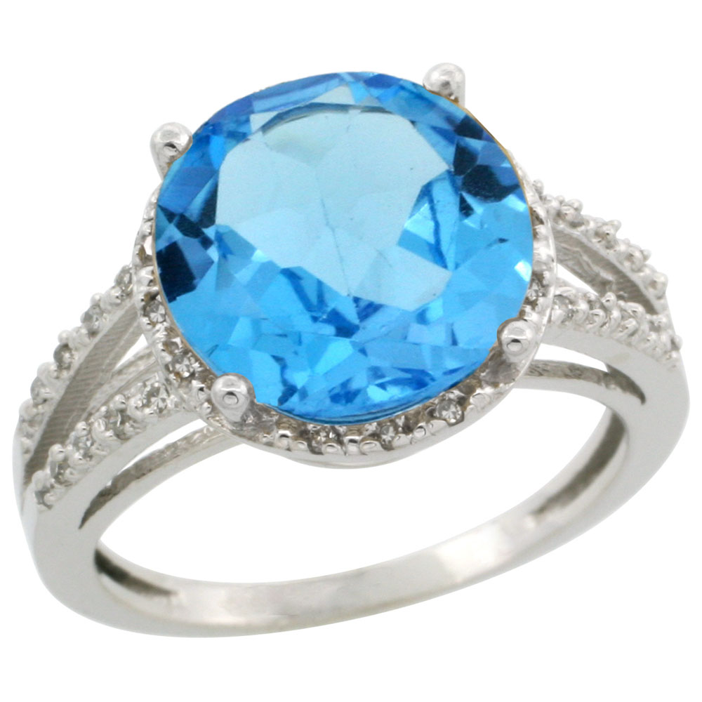 14K White Gold Diamond Natural Swiss Blue Topaz Ring Round 11mm, sizes 5-10