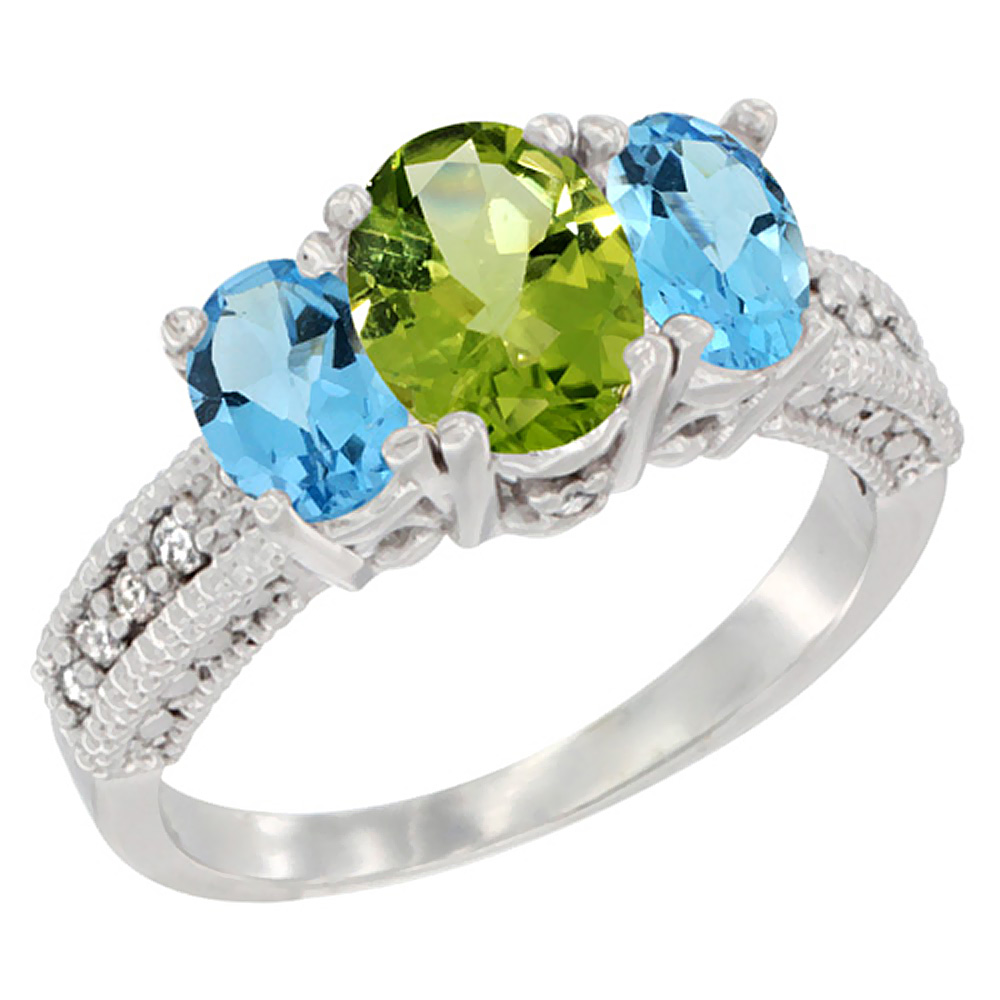 14K White Gold Diamond Natural Peridot Ring Oval 3-stone with Swiss Blue Topaz, sizes 5 - 10