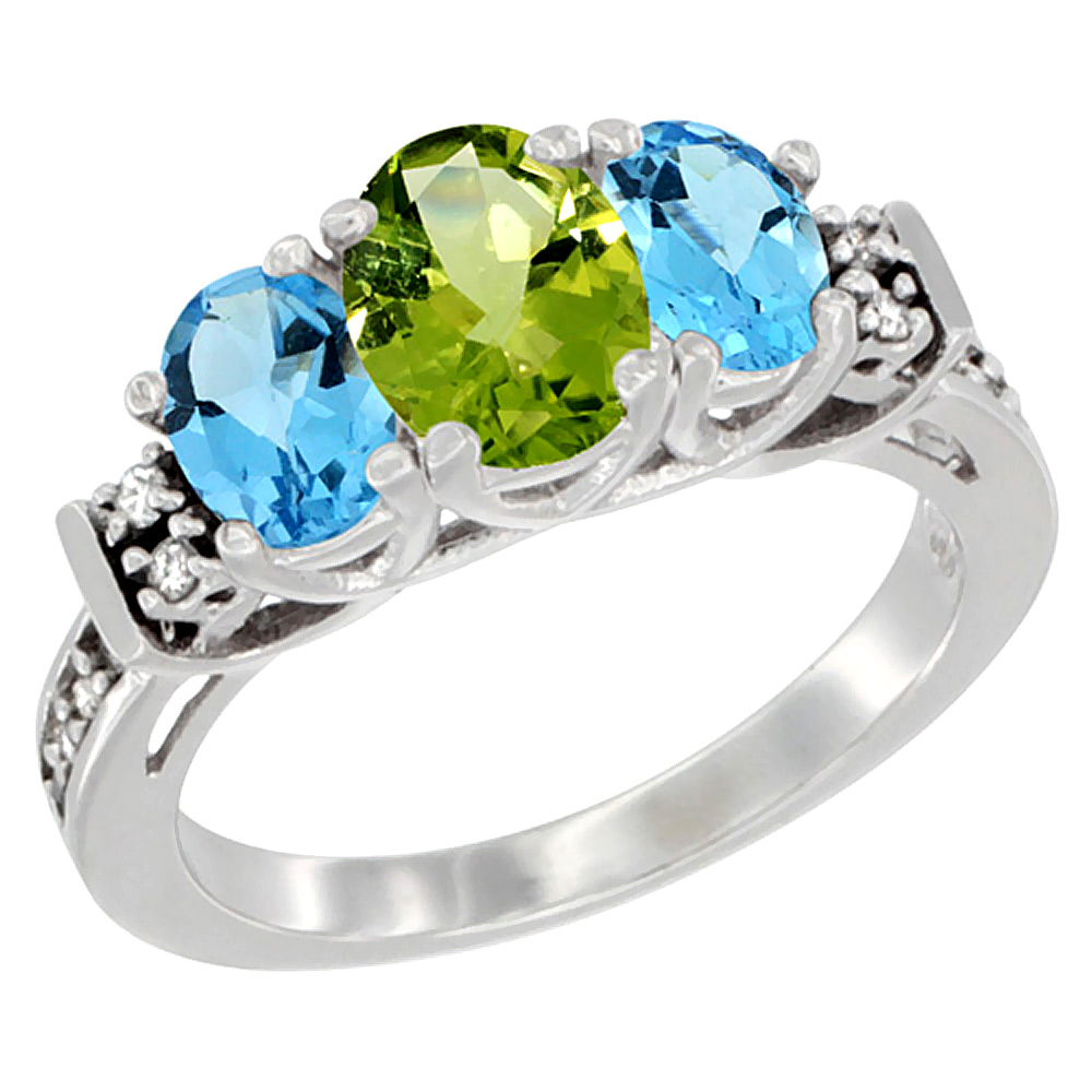 14K White Gold Natural Peridot & Swiss Blue Topaz Ring 3-Stone Oval Diamond Accent, sizes 5-10