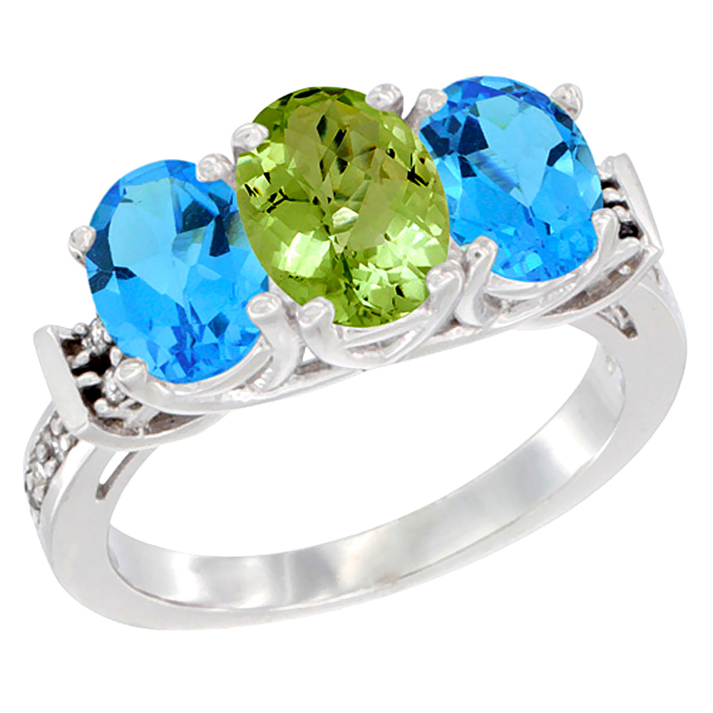 14K White Gold Natural Peridot & Swiss Blue Topaz Sides Ring 3-Stone Oval Diamond Accent, sizes 5 - 10