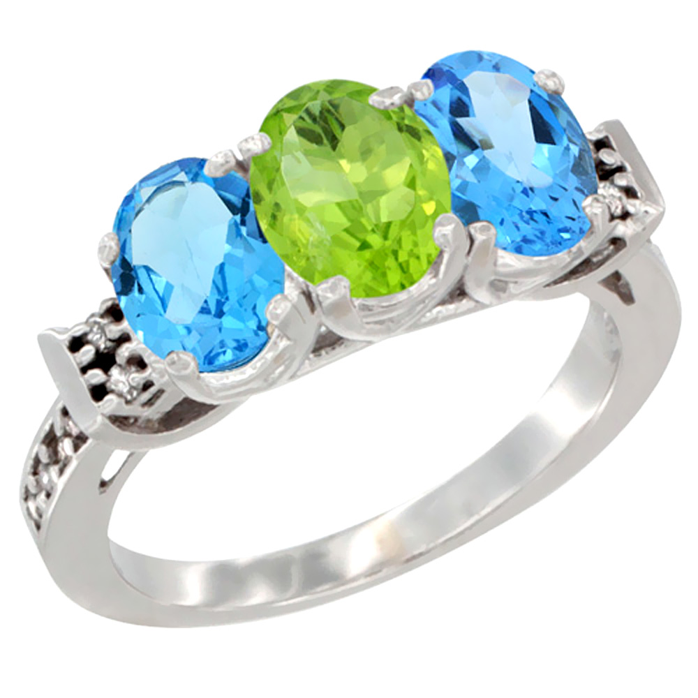 10K White Gold Natural Peridot & Swiss Blue Topaz Sides Ring 3-Stone Oval 7x5 mm Diamond Accent, sizes 5 - 10