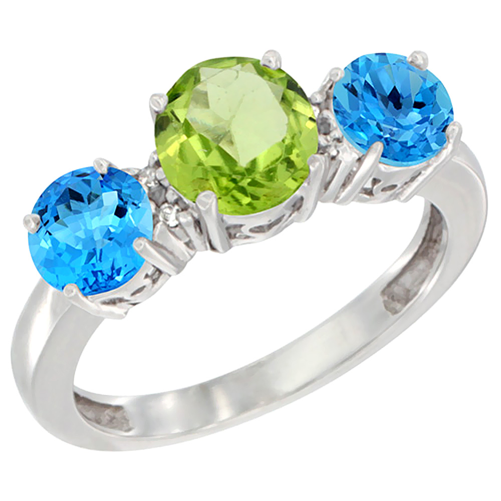 14K White Gold Round 3-Stone Natural Peridot Ring &amp; Swiss Blue Topaz Sides Diamond Accent, sizes 5 - 10