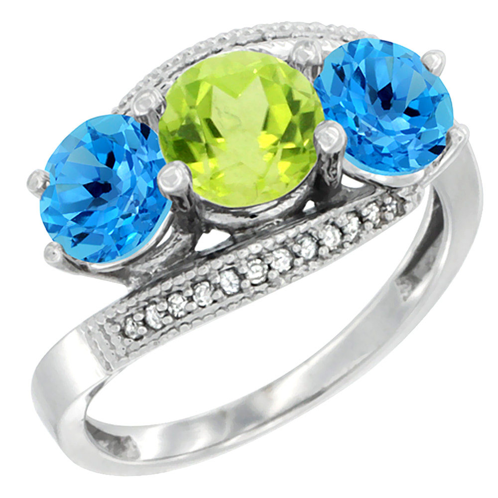 14K White Gold Natural Peridot & Swiss Blue Topaz Sides 3 stone Ring Round 6mm Diamond Accent, sizes 5 - 10