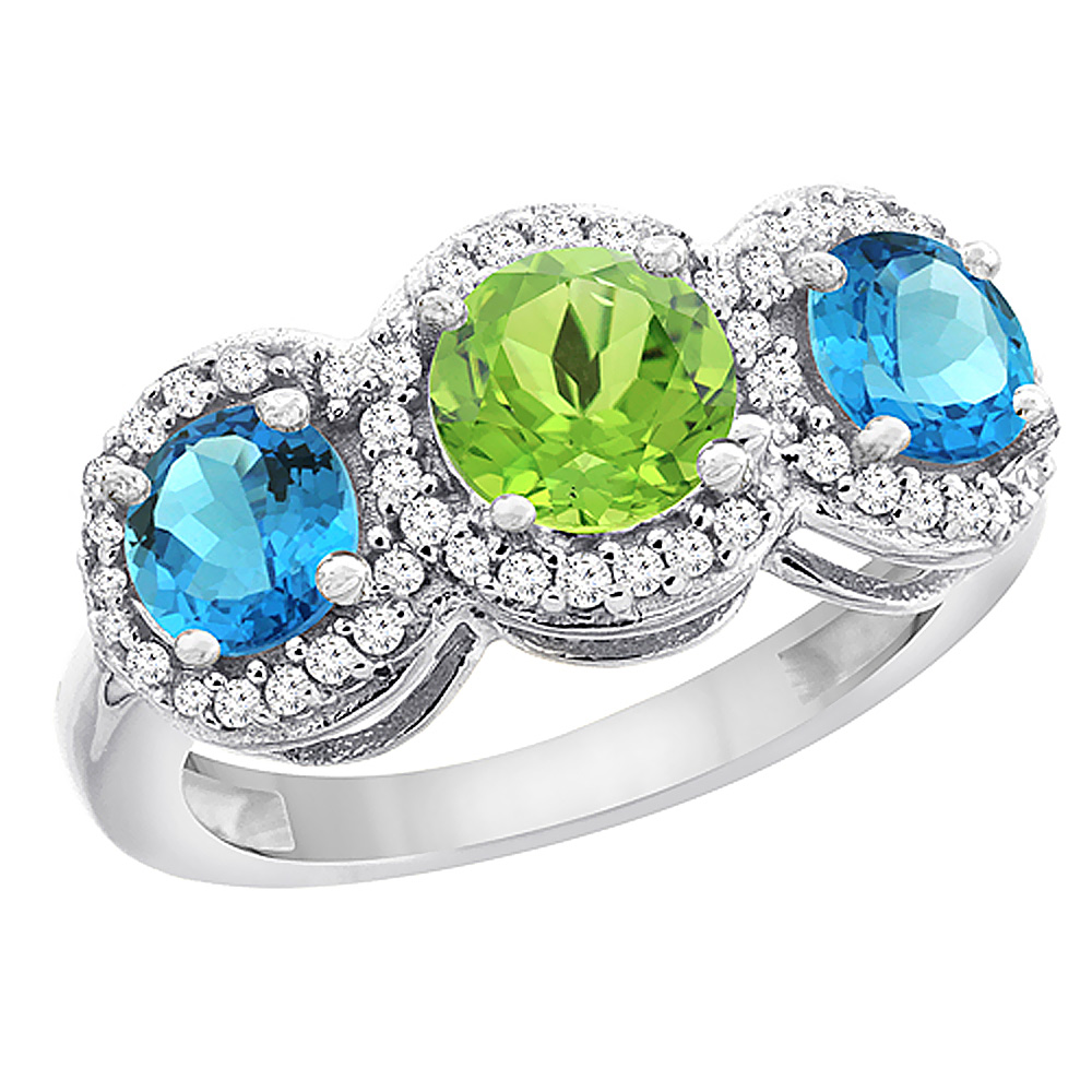 10K White Gold Natural Peridot & Swiss Blue Topaz Sides Round 3-stone Ring Diamond Accents, sizes 5 - 10