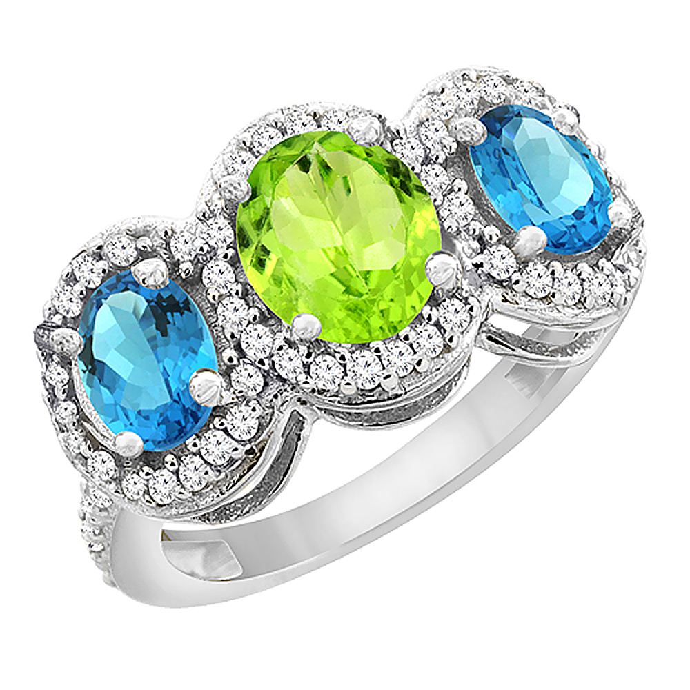 14K White Gold Natural Peridot & Swiss Blue Topaz 3-Stone Ring Oval Diamond Accent, sizes 5 - 10