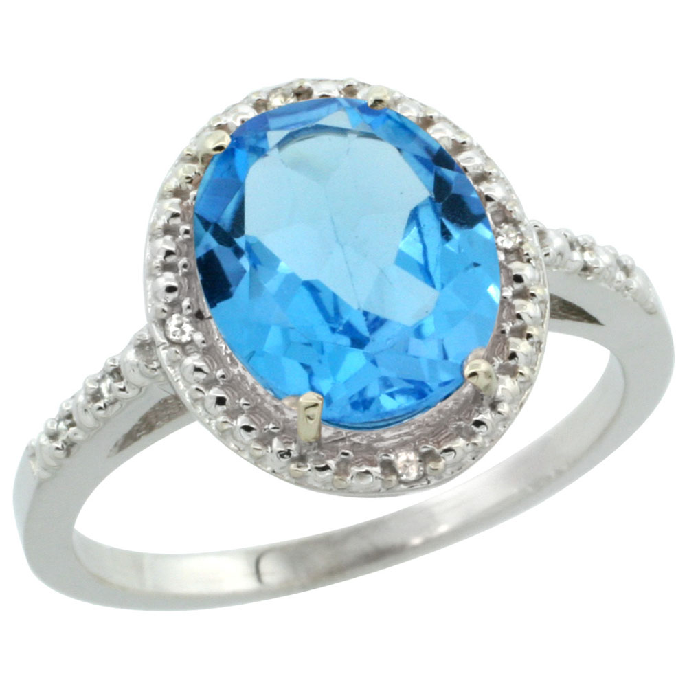 14K White Gold Diamond Natural Swiss Blue Topaz Engagement Ring Oval 10x8mm, sizes 5-10