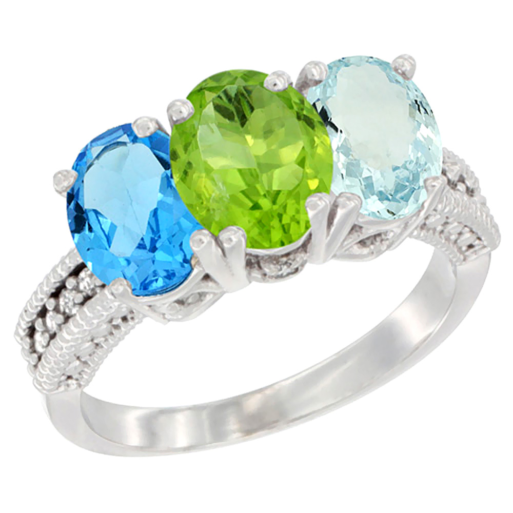 14K White Gold Natural Swiss Blue Topaz, Peridot & Aquamarine Ring 3-Stone 7x5 mm Oval Diamond Accent, sizes 5 - 10