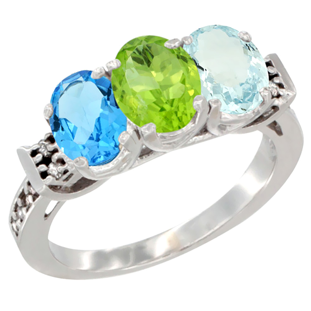 10K White Gold Natural Swiss Blue Topaz, Peridot & Aquamarine Ring 3-Stone Oval 7x5 mm Diamond Accent, sizes 5 - 10