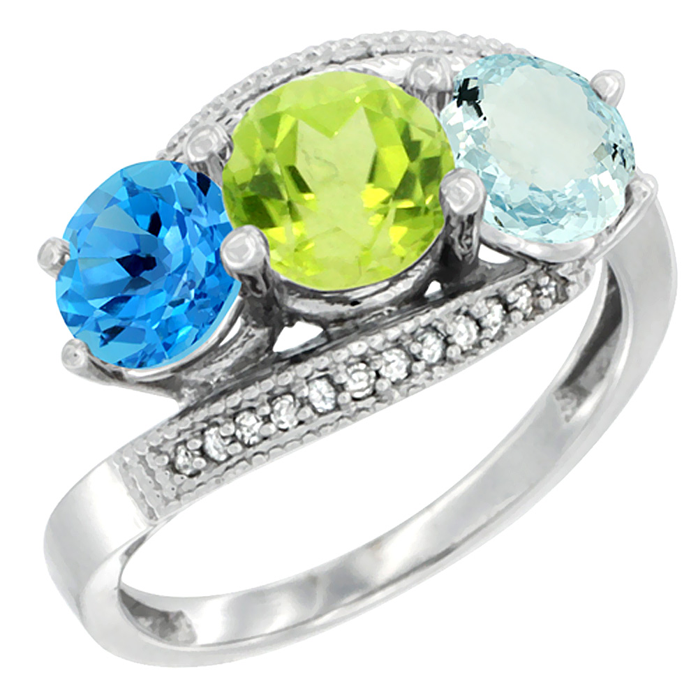 10K White Gold Natural Swiss Blue Topaz, Peridot & Aquamarine 3 stone Ring Round 6mm Diamond Accent, sizes 5 - 10