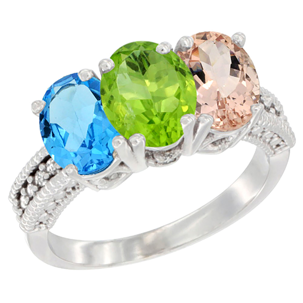 10K White Gold Natural Swiss Blue Topaz, Peridot & Morganite Ring 3-Stone Oval 7x5 mm Diamond Accent, sizes 5 - 10