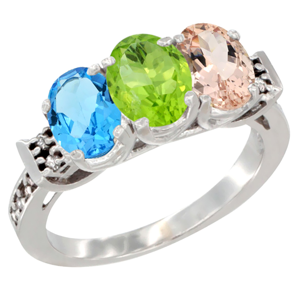 14K White Gold Natural Swiss Blue Topaz, Peridot &amp; Morganite Ring 3-Stone 7x5 mm Oval Diamond Accent, sizes 5 - 10