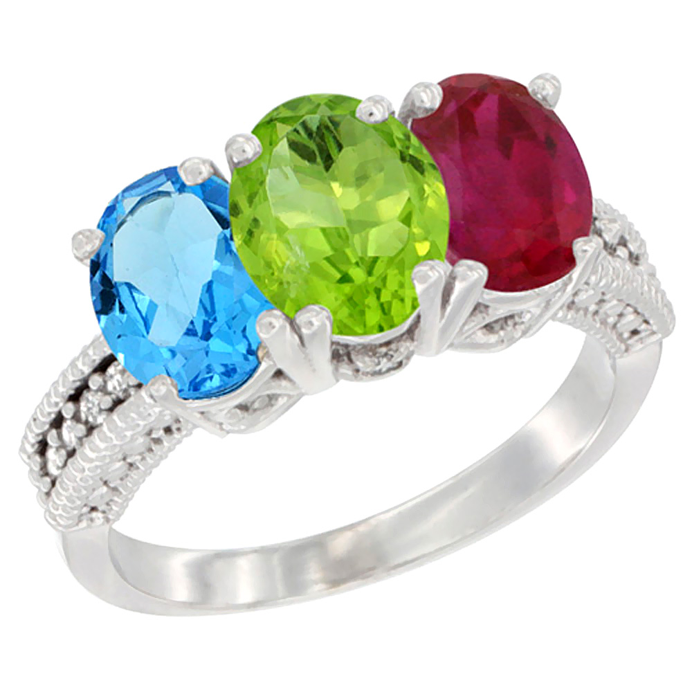 10K White Gold Natural Swiss Blue Topaz, Peridot & Enhanced Ruby Ring 3-Stone Oval 7x5 mm Diamond Accent, sizes 5 - 10