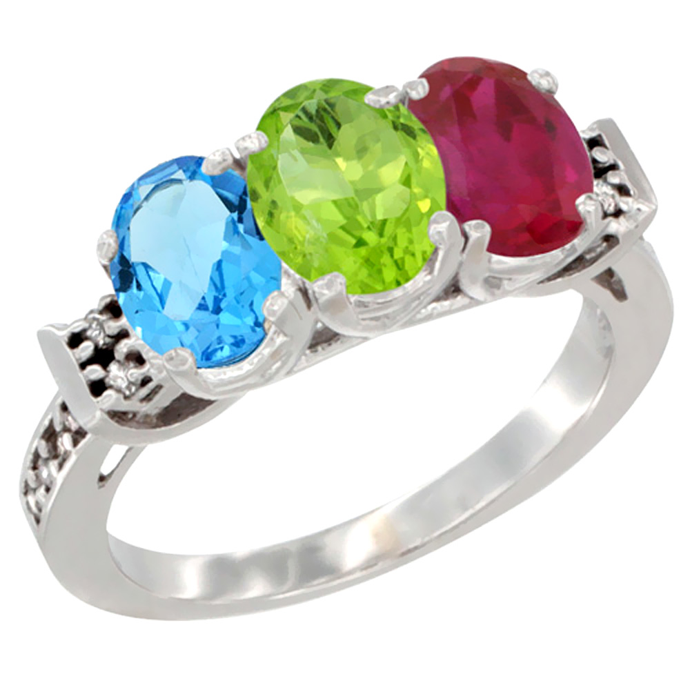 10K White Gold Natural Swiss Blue Topaz, Peridot & Enhanced Ruby Ring 3-Stone Oval 7x5 mm Diamond Accent, sizes 5 - 10