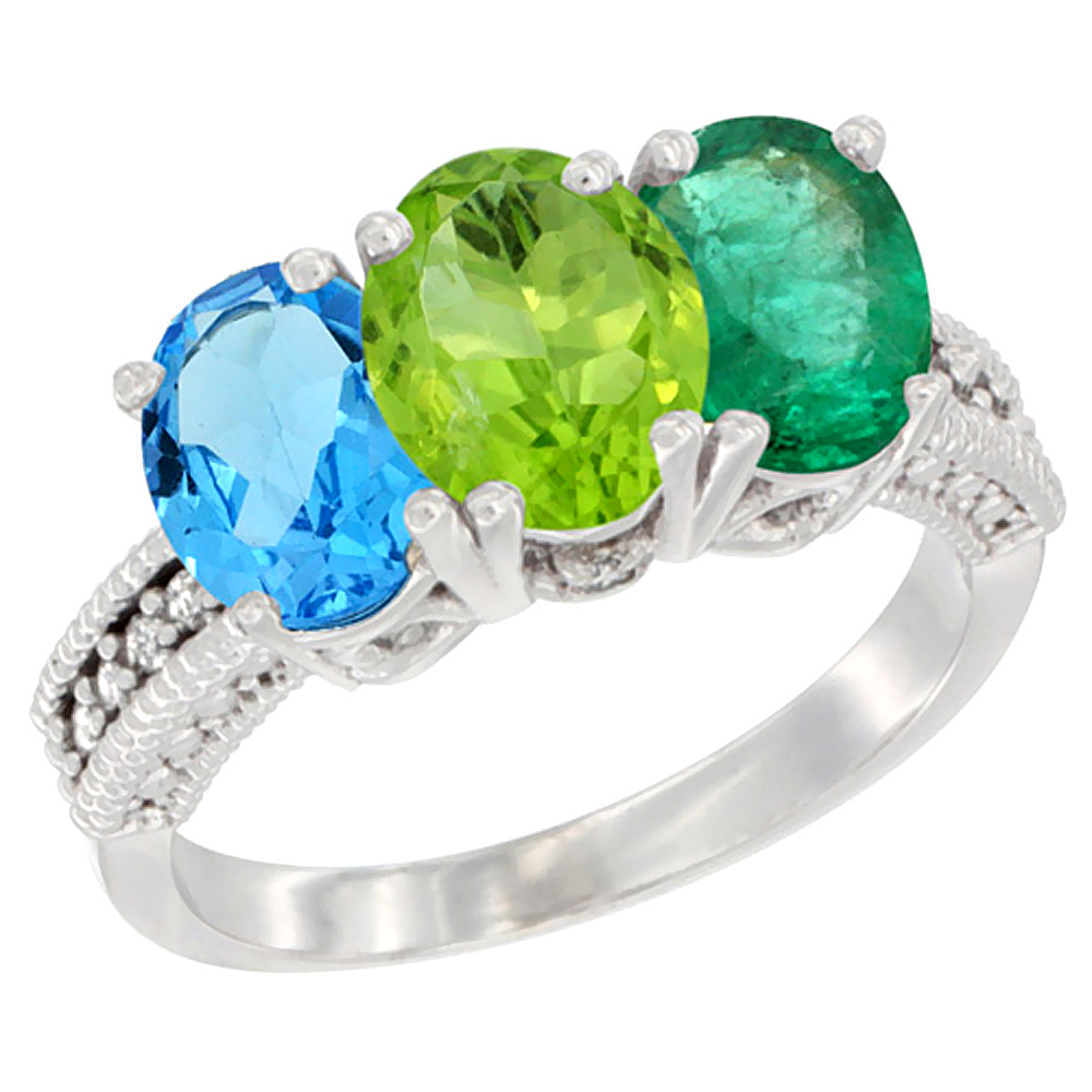 10K White Gold Natural Swiss Blue Topaz, Peridot & Emerald Ring 3-Stone Oval 7x5 mm Diamond Accent, sizes 5 - 10