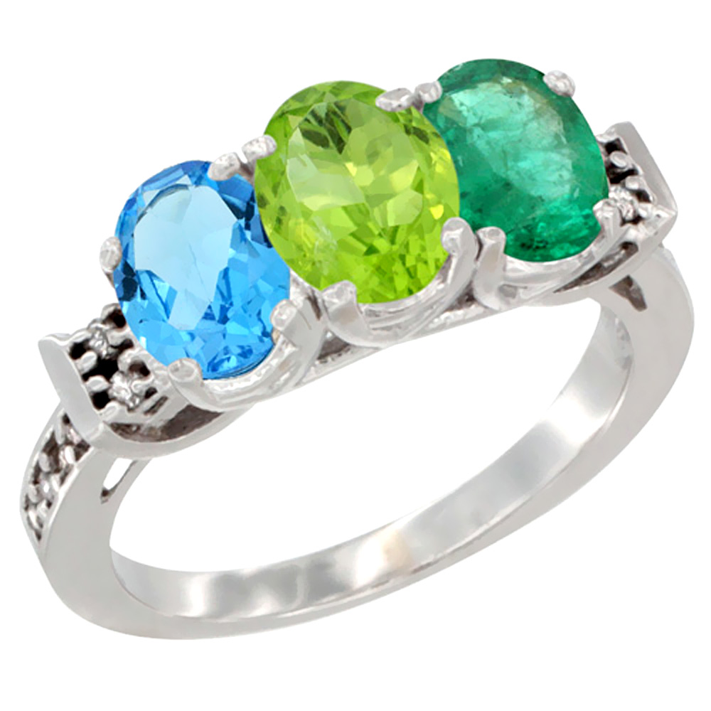 14K White Gold Natural Swiss Blue Topaz, Peridot & Emerald Ring 3-Stone 7x5 mm Oval Diamond Accent, sizes 5 - 10