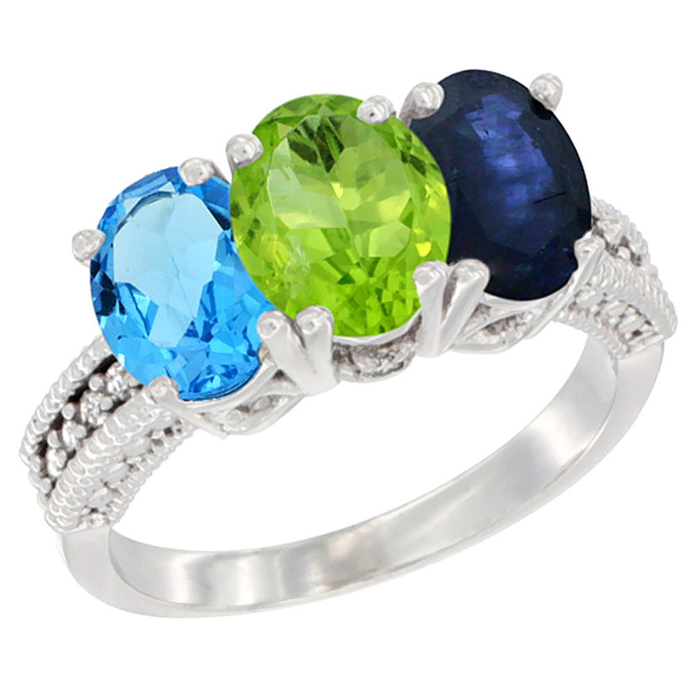 14K White Gold Natural Swiss Blue Topaz, Peridot & Blue Sapphire Ring 3-Stone 7x5 mm Oval Diamond Accent, sizes 5 - 10