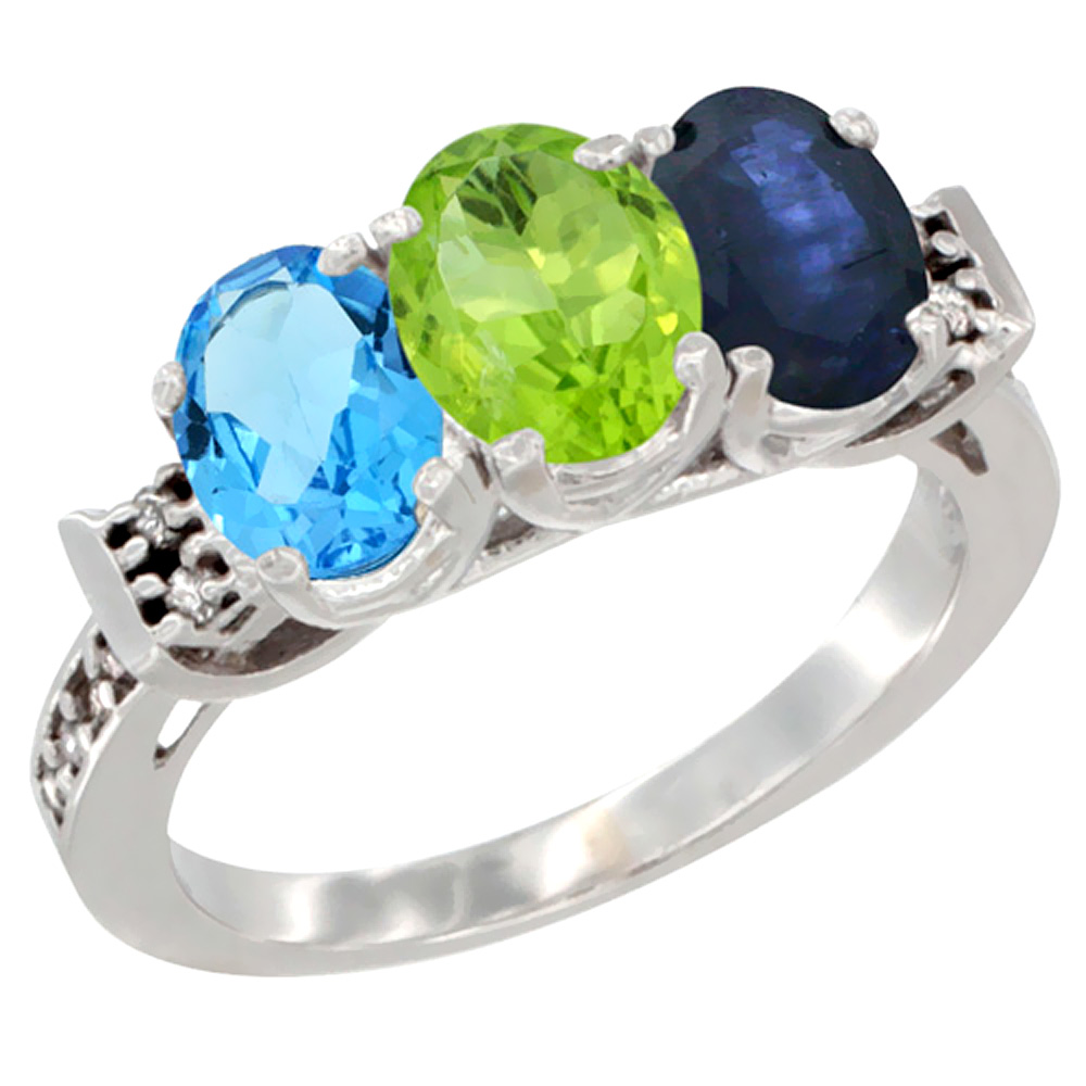 10K White Gold Natural Swiss Blue Topaz, Peridot &amp; Blue Sapphire Ring 3-Stone Oval 7x5 mm Diamond Accent, sizes 5 - 10