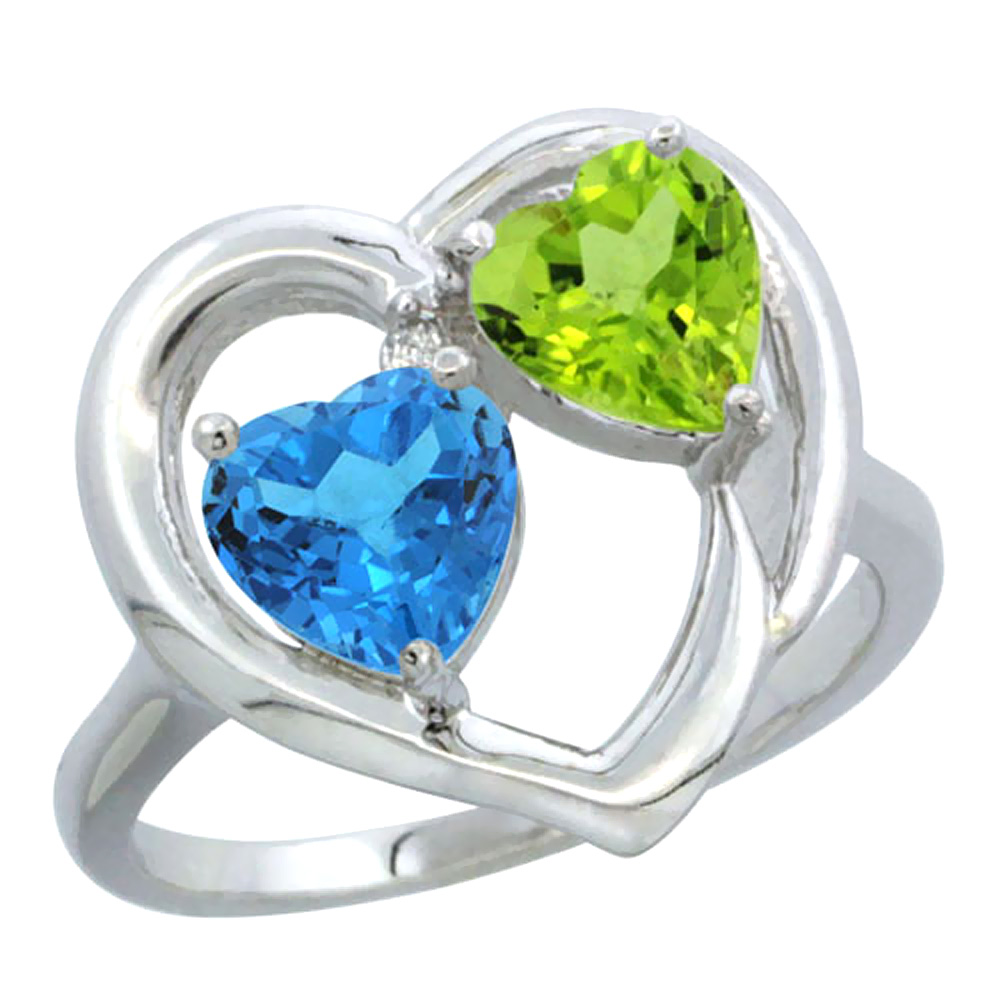 14K White Gold Diamond Two-stone Heart Ring 6mm Natural Swiss Blue Topaz &amp; Peridot, sizes 5-10