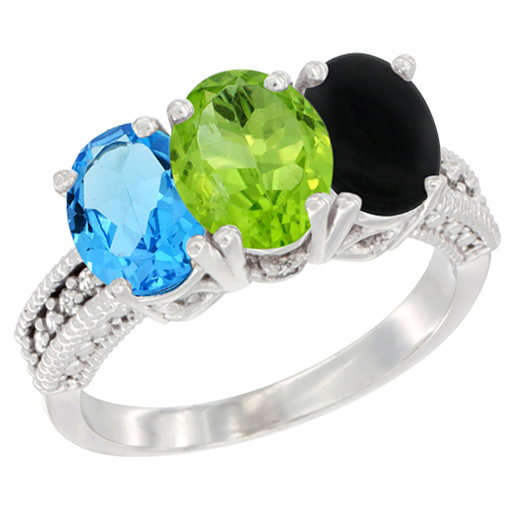 10K White Gold Natural Swiss Blue Topaz, Peridot & Black Onyx Ring 3-Stone Oval 7x5 mm Diamond Accent, sizes 5 - 10