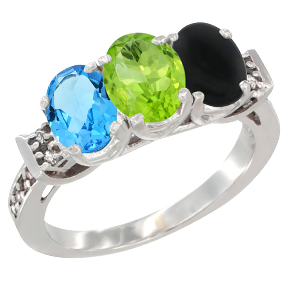 14K White Gold Natural Swiss Blue Topaz, Peridot & Black Onyx Ring 3-Stone 7x5 mm Oval Diamond Accent, sizes 5 - 10