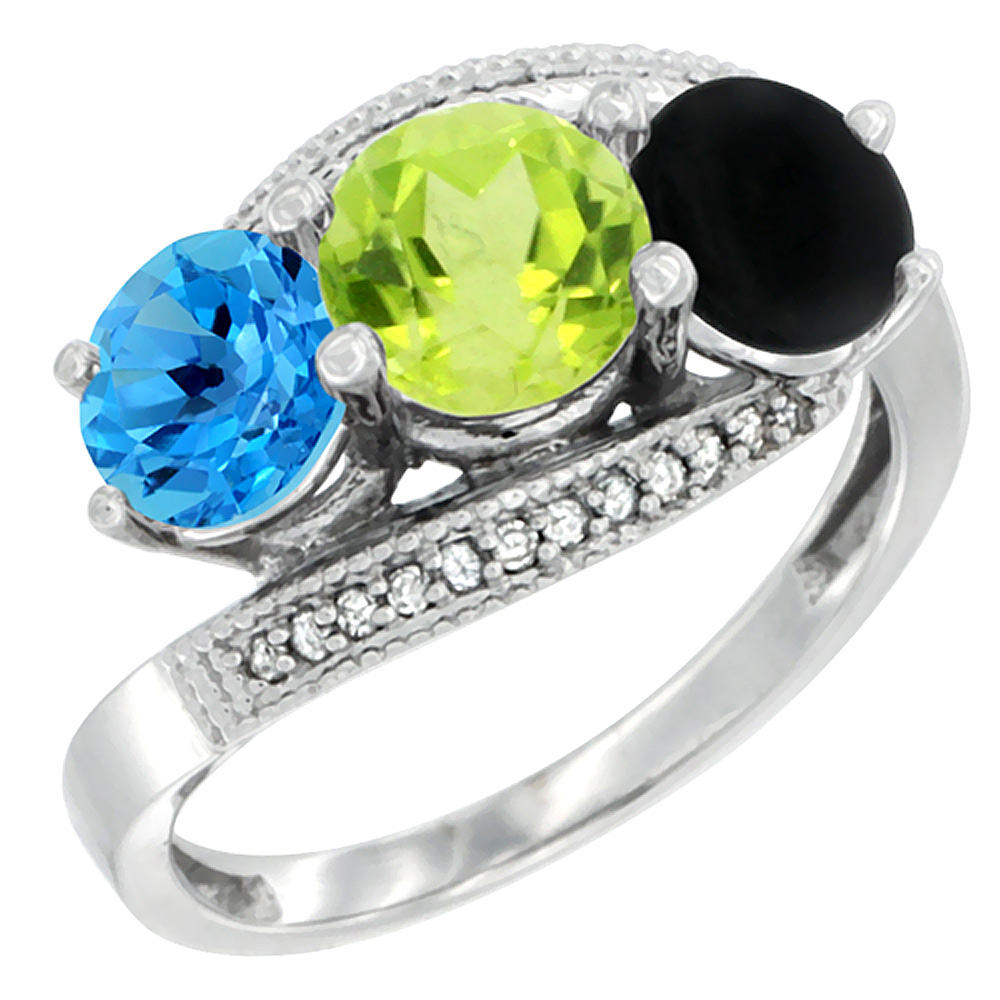 10K White Gold Natural Swiss Blue Topaz, Peridot & Black Onyx 3 stone Ring Round 6mm Diamond Accent, sizes 5 - 10