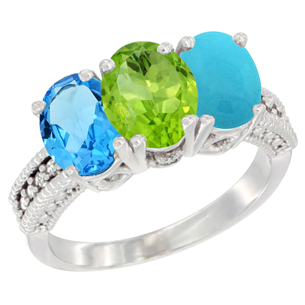 14K White Gold Natural Swiss Blue Topaz, Peridot &amp; Turquoise Ring 3-Stone 7x5 mm Oval Diamond Accent, sizes 5 - 10