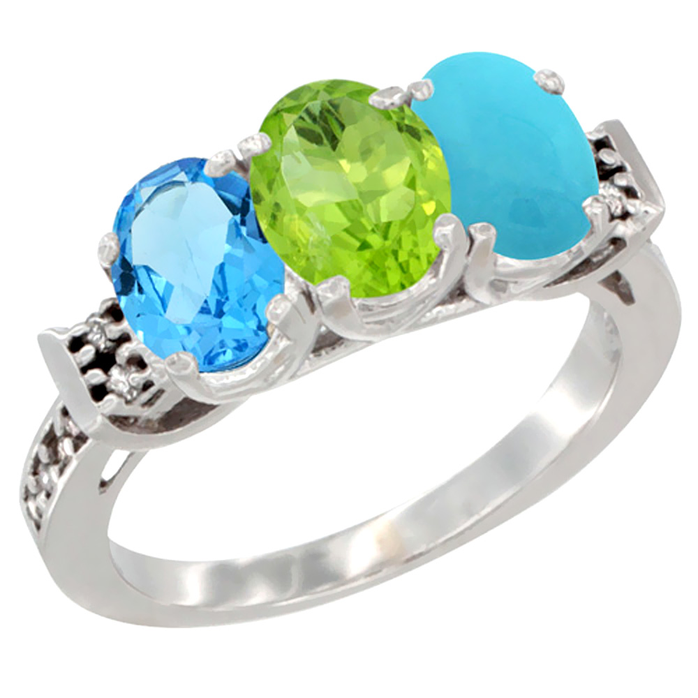 10K White Gold Natural Swiss Blue Topaz, Peridot &amp; Turquoise Ring 3-Stone Oval 7x5 mm Diamond Accent, sizes 5 - 10