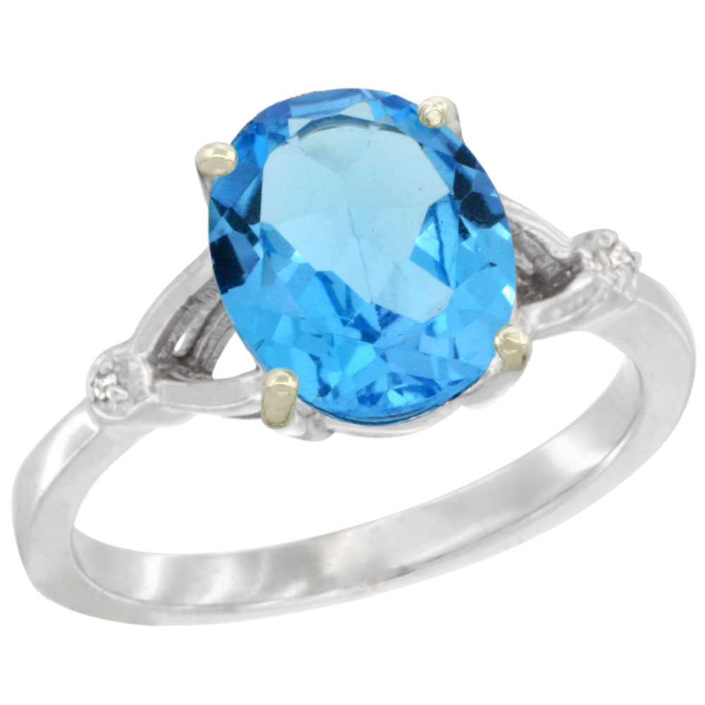 14K White Gold Diamond Natural Swiss Blue Topaz Engagement Ring Oval 10x8mm, sizes 5-10