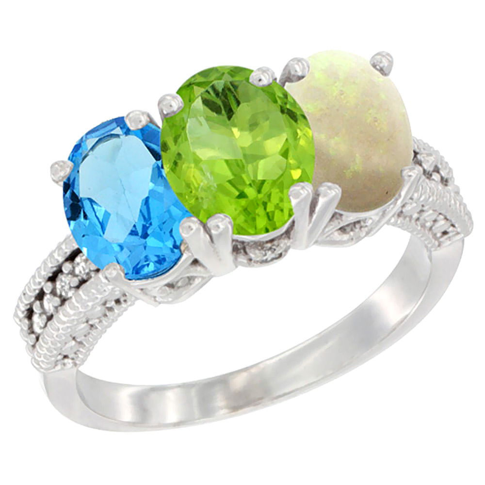 14K White Gold Natural Swiss Blue Topaz, Peridot & Opal Ring 3-Stone 7x5 mm Oval Diamond Accent, sizes 5 - 10