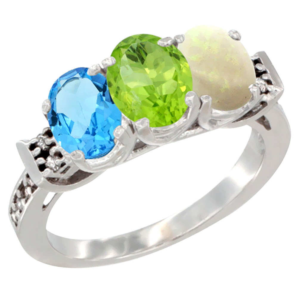 14K White Gold Natural Swiss Blue Topaz, Peridot &amp; Opal Ring 3-Stone 7x5 mm Oval Diamond Accent, sizes 5 - 10