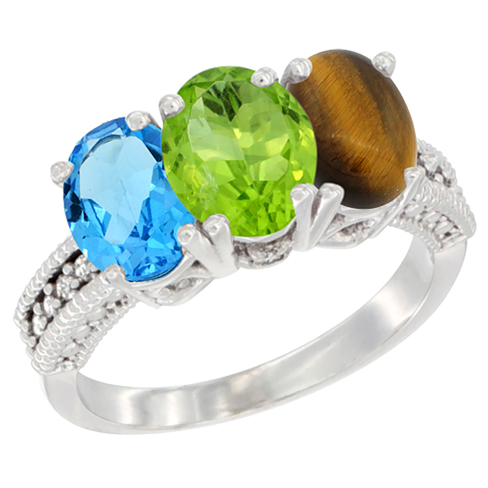 10K White Gold Natural Swiss Blue Topaz, Peridot & Tiger Eye Ring 3-Stone Oval 7x5 mm Diamond Accent, sizes 5 - 10