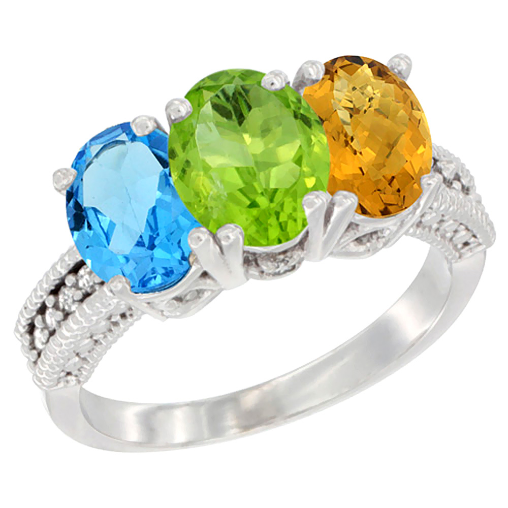 10K White Gold Natural Swiss Blue Topaz, Peridot & Whisky Quartz Ring 3-Stone Oval 7x5 mm Diamond Accent, sizes 5 - 10