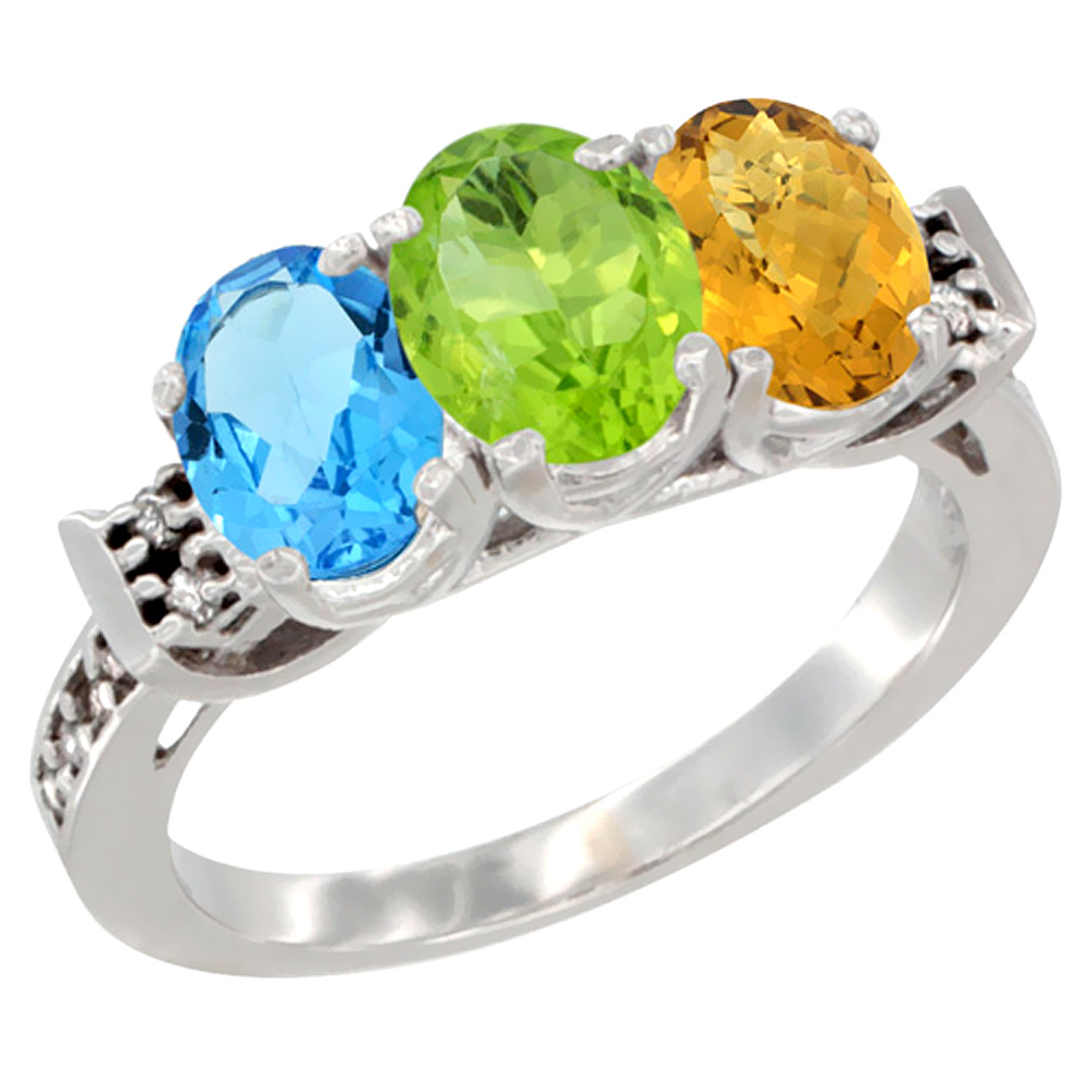 10K White Gold Natural Swiss Blue Topaz, Peridot &amp; Whisky Quartz Ring 3-Stone Oval 7x5 mm Diamond Accent, sizes 5 - 10