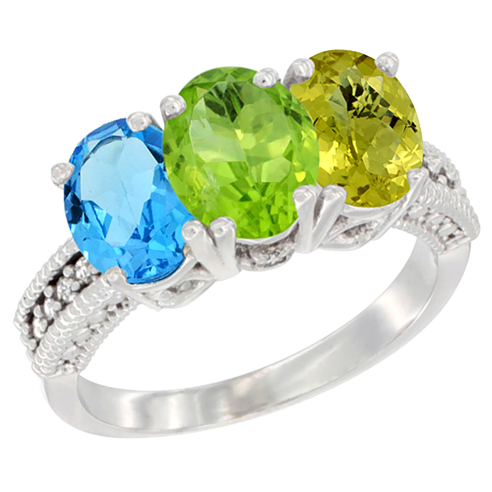 14K White Gold Natural Swiss Blue Topaz, Peridot &amp; Lemon Quartz Ring 3-Stone 7x5 mm Oval Diamond Accent, sizes 5 - 10