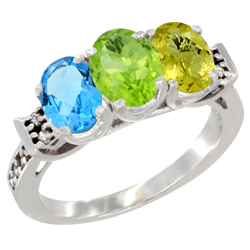 14K White Gold Natural Swiss Blue Topaz, Peridot & Lemon Quartz Ring 3-Stone 7x5 mm Oval Diamond Accent, sizes 5 - 10