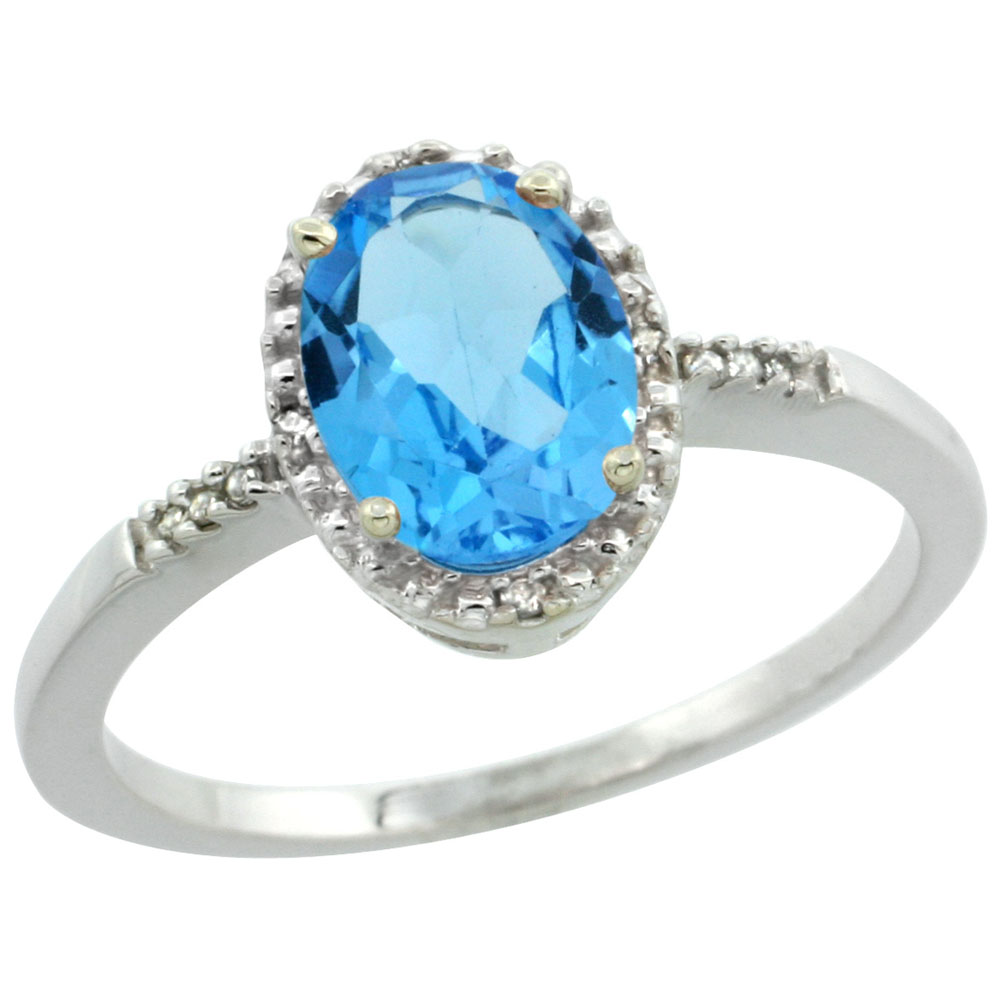 14K White Gold Diamond Natural Swiss Blue Topaz Ring Oval 8x6mm, sizes 5-10
