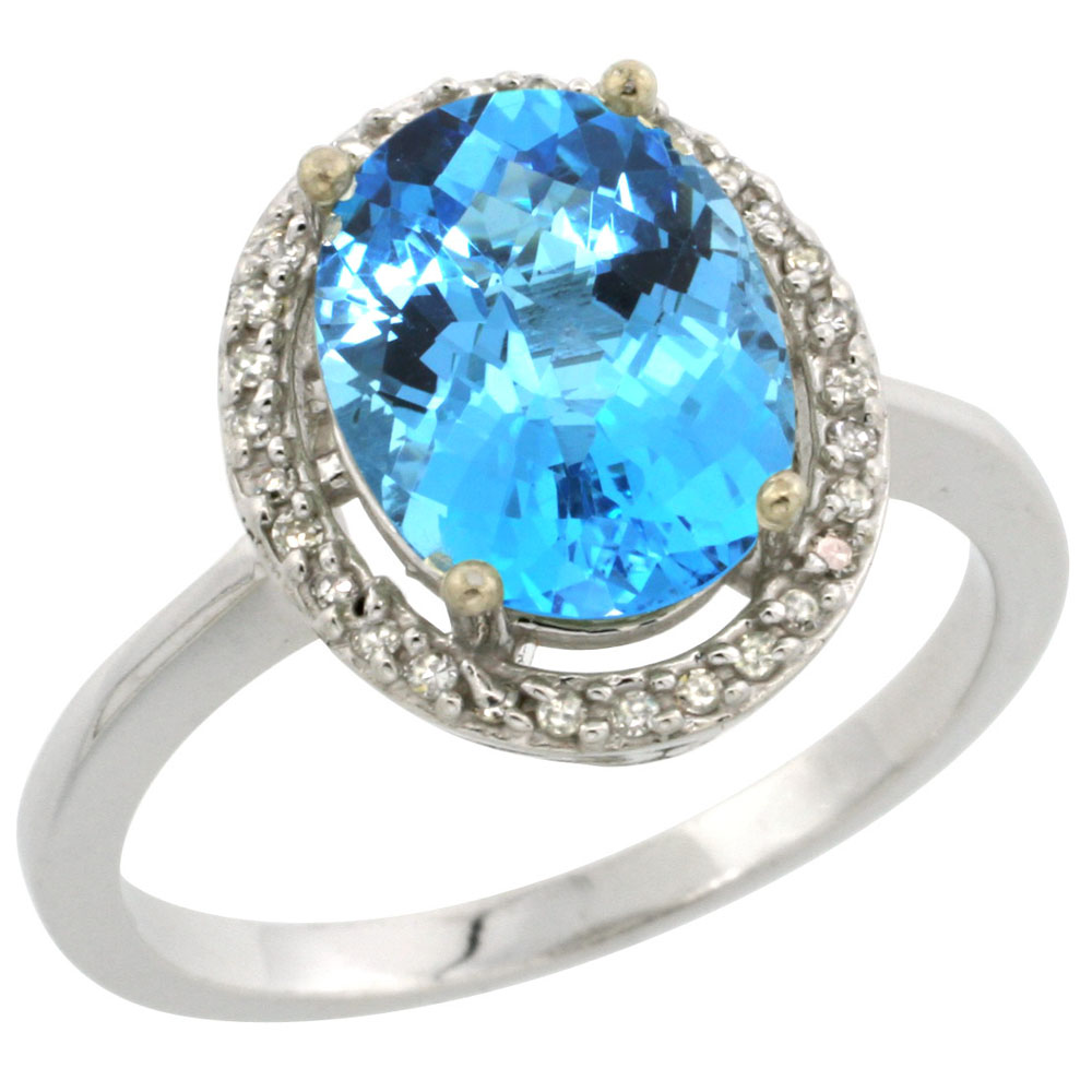 14K White Gold Diamond Natural Swiss Blue Topaz Engagement Ring Oval 10x8mm, sizes 5-10