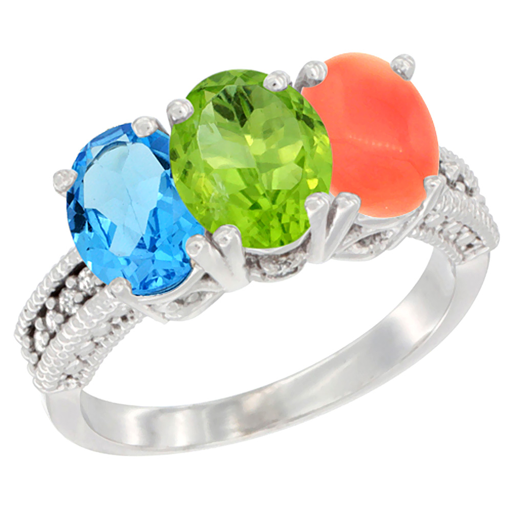 14K White Gold Natural Swiss Blue Topaz, Peridot &amp; Coral Ring 3-Stone 7x5 mm Oval Diamond Accent, sizes 5 - 10