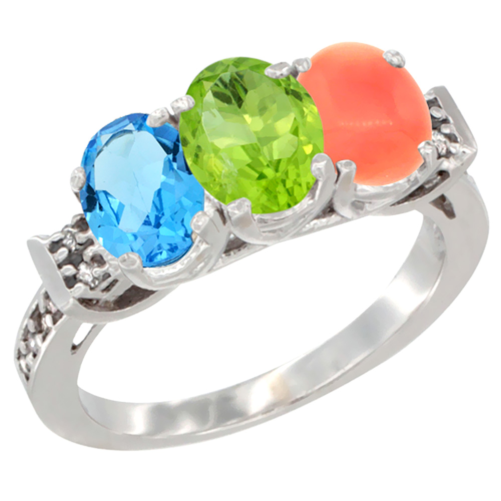 10K White Gold Natural Swiss Blue Topaz, Peridot & Coral Ring 3-Stone Oval 7x5 mm Diamond Accent, sizes 5 - 10