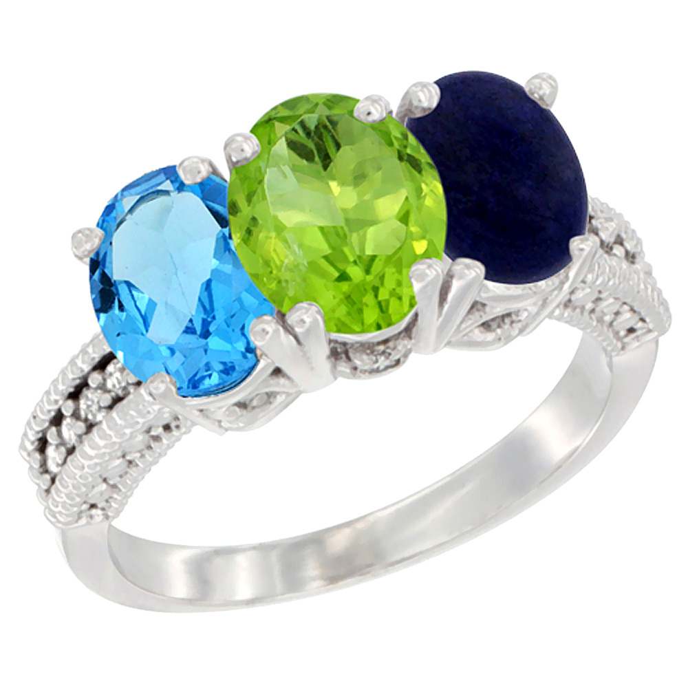 10K White Gold Natural Swiss Blue Topaz, Peridot & Lapis Ring 3-Stone Oval 7x5 mm Diamond Accent, sizes 5 - 10