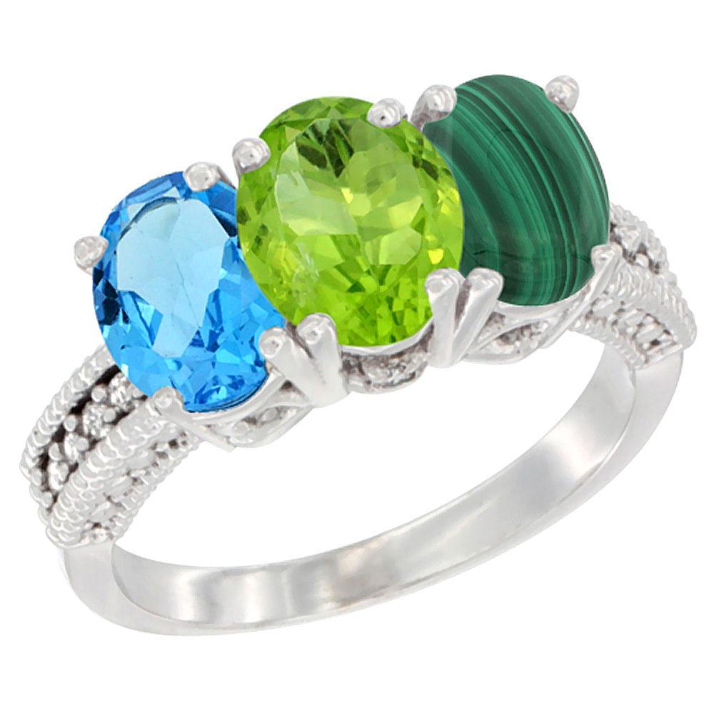 10K White Gold Natural Swiss Blue Topaz, Peridot & Malachite Ring 3-Stone Oval 7x5 mm Diamond Accent, sizes 5 - 10