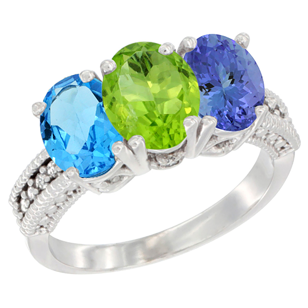 10K White Gold Natural Swiss Blue Topaz, Peridot & Tanzanite Ring 3-Stone Oval 7x5 mm Diamond Accent, sizes 5 - 10