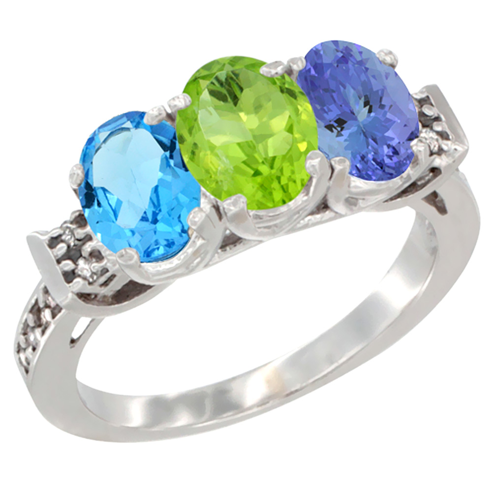 14K White Gold Natural Swiss Blue Topaz, Peridot & Tanzanite Ring 3-Stone 7x5 mm Oval Diamond Accent, sizes 5 - 10