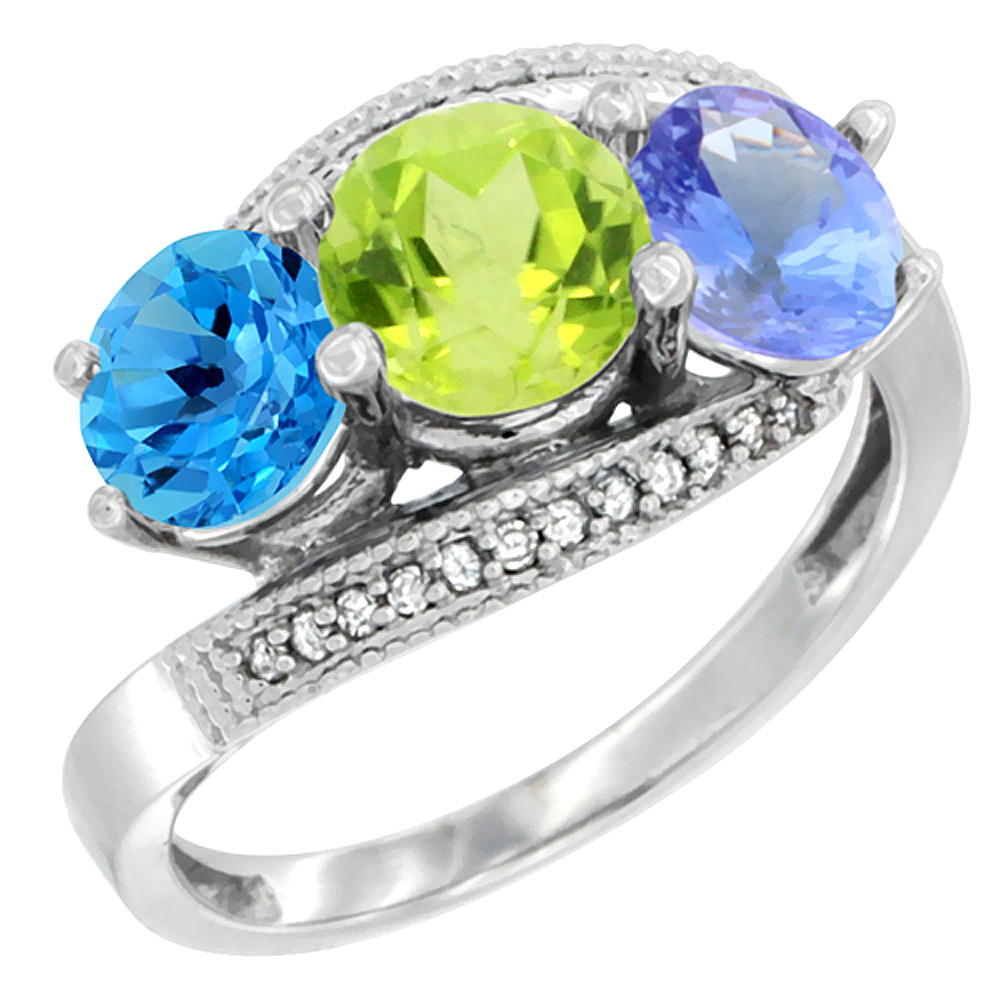 10K White Gold Natural Swiss Blue Topaz, Peridot & Tanzanite 3 stone Ring Round 6mm Diamond Accent, sizes 5 - 10