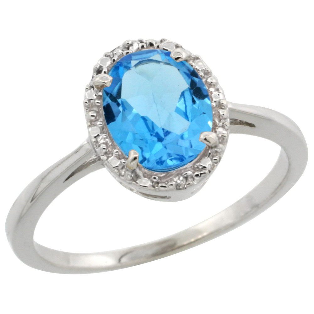 14K White Gold Natural Swiss Blue Topaz Ring Oval 8x6 mm Diamond Halo, sizes 5-10