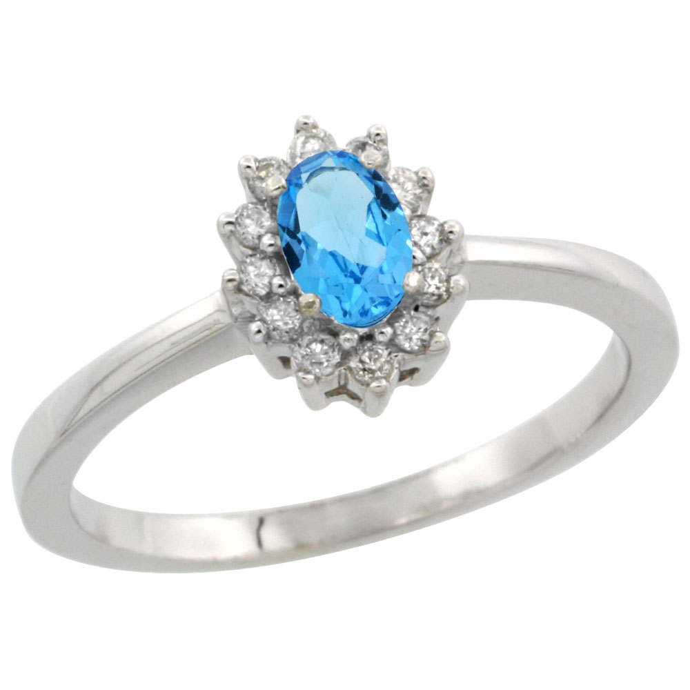 14K White Gold Natural Swiss Blue Topaz Ring Oval 5x3mm Diamond Halo, sizes 5-10