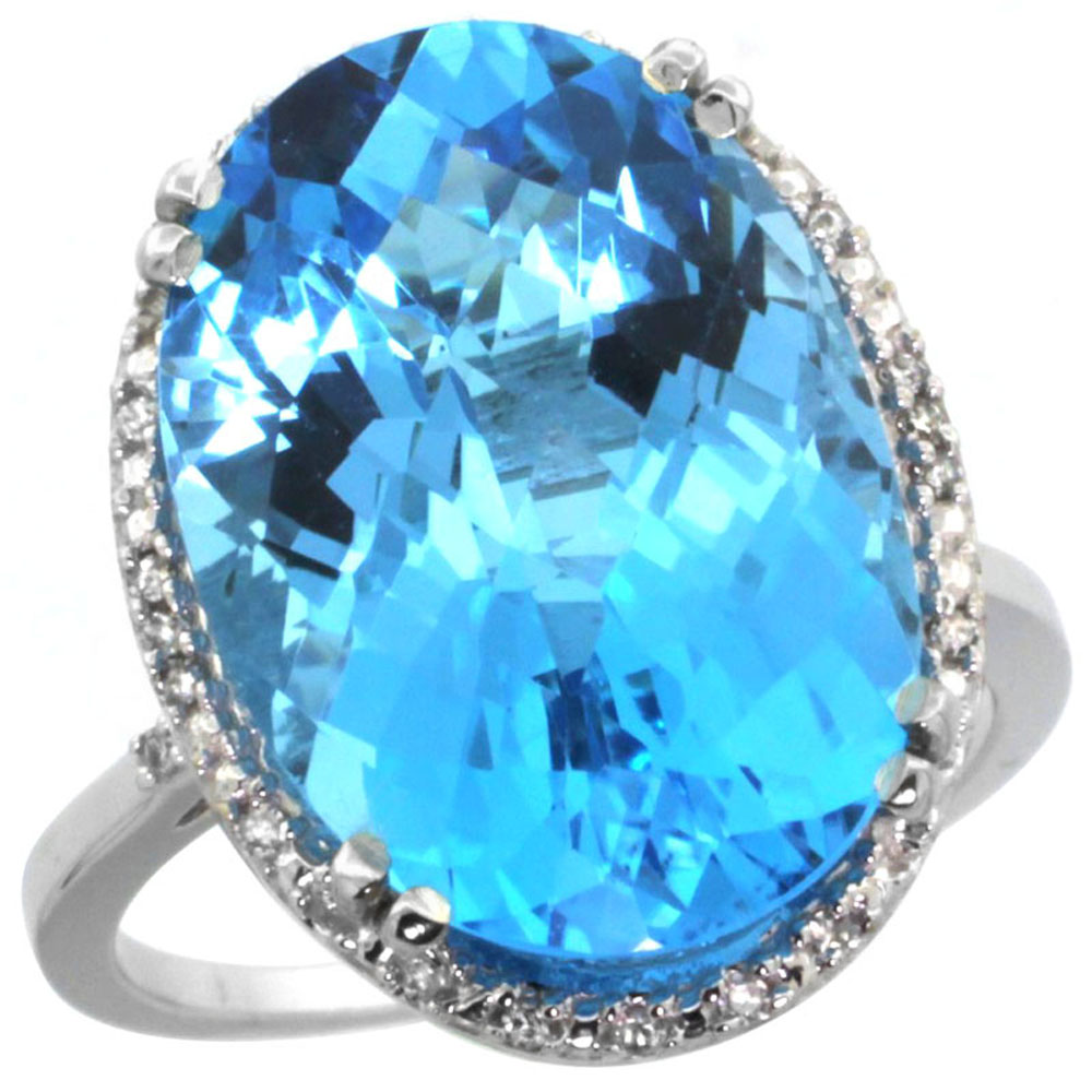 14K White Gold Natural Swiss Blue Topaz Ring Large Oval 18x13mm Diamond Halo, sizes 5-10