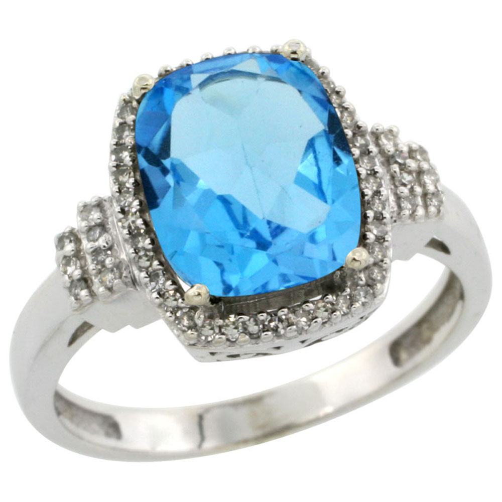 14K White Gold Natural Swiss Blue Topaz Ring Cushion-cut 9x7mm Diamond Halo, sizes 5-10