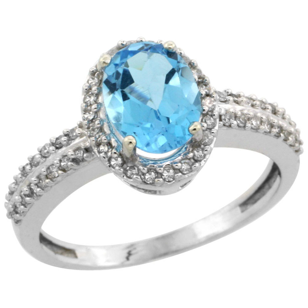 14K White Gold Natural Swiss Blue Topaz Ring Oval 8x6mm Diamond Halo, sizes 5-10