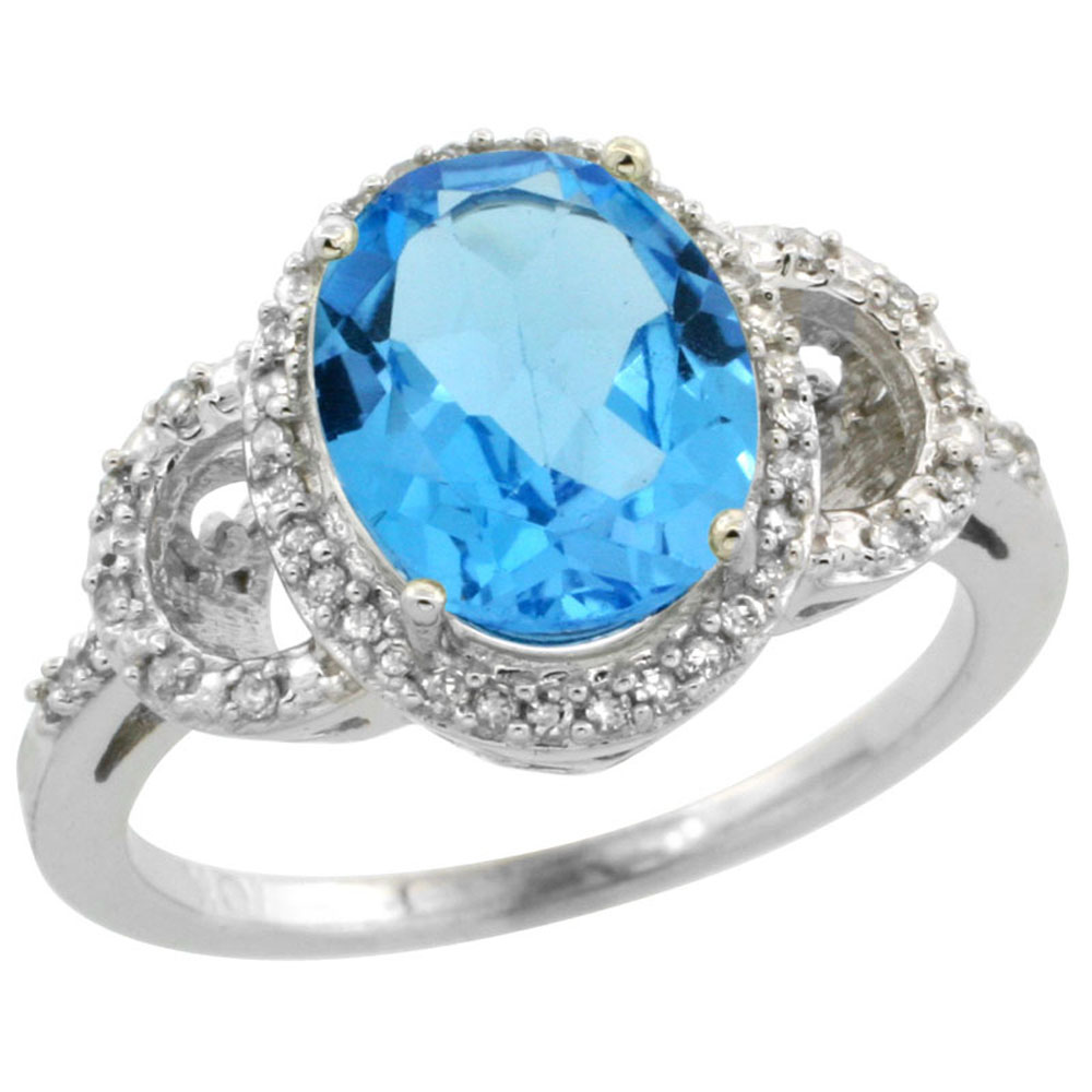 14K White Gold Diamond Natural Swiss Blue Topaz Engagement Ring Oval 10x8mm, sizes 5-10